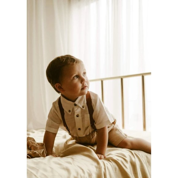 Boys Vintage Beige Grow with Me suspender shorts new - Picture 6 of 10